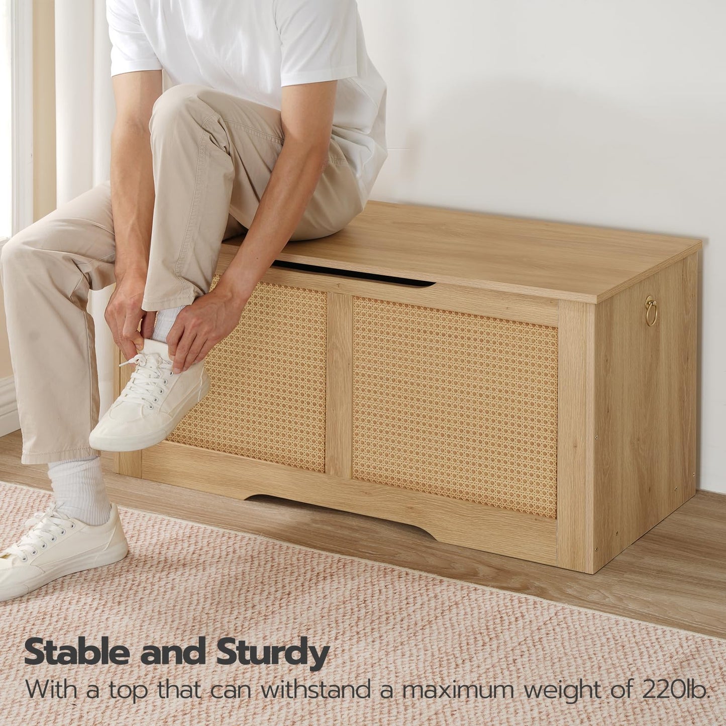 HOOBRO Natural 39.3-inch Wicker Style Storage Bench with Safety Hinges & U-Shaped Opening