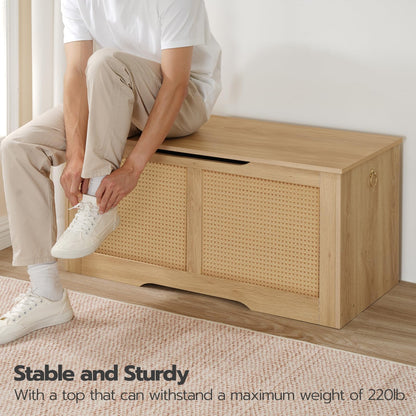 HOOBRO Natural 39.3-inch Wicker Style Storage Bench with Safety Hinges & U-Shaped Opening