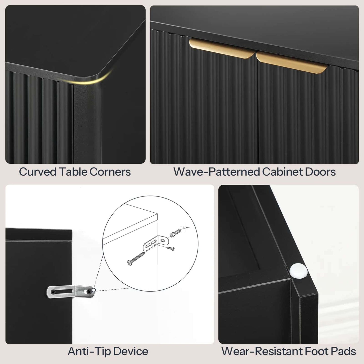 Collage of black furniture features including curved table corners, wave-patterned cabinet doors, anti-tip device, and wear-resistant foot pads.