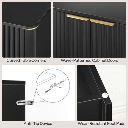 Collage of black furniture features including curved table corners, wave-patterned cabinet doors, anti-tip device, and wear-resistant foot pads.