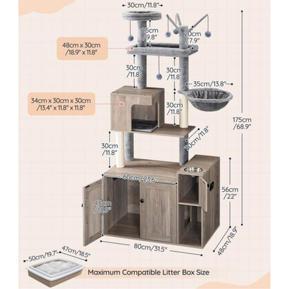HOOBRO Greige 68.9-inch Concealed All-in-One Tall Cat Tree with Litter Box Enclosure