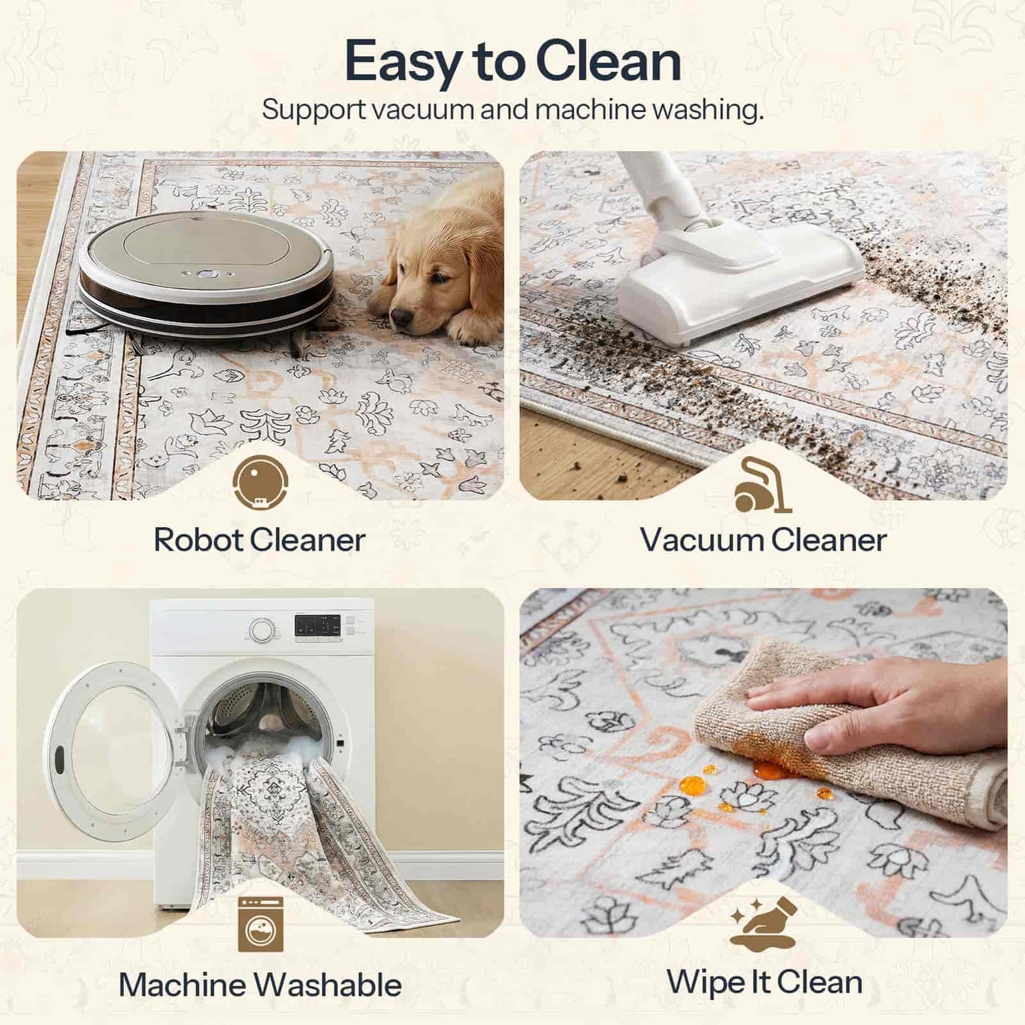 Collage of a robot cleaner, vacuum cleaner, machine washing, and wiping a rug with text 'Easy to Clean' and icons.