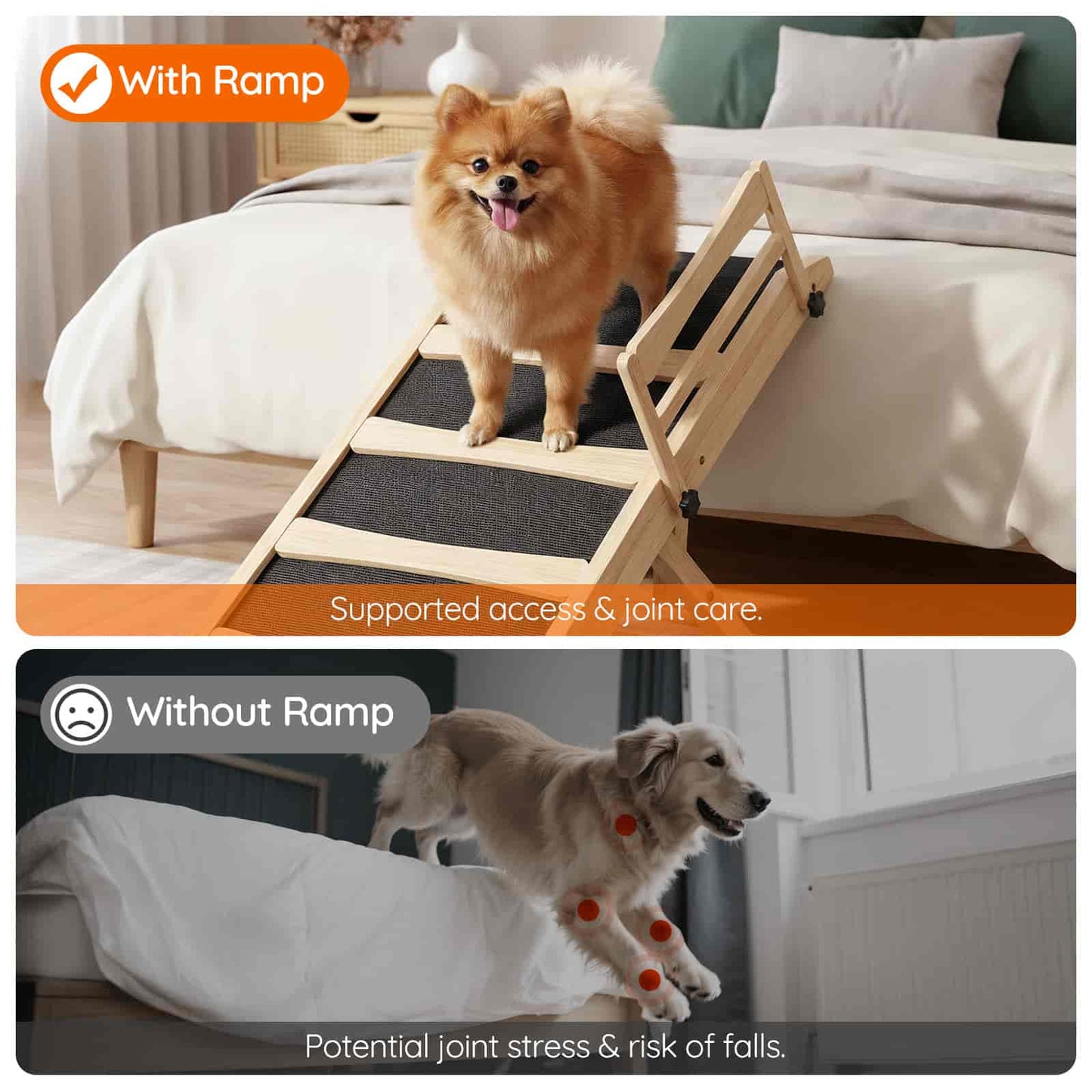 Dog using a wooden ramp to get onto a bed, with text indicating the benefits of the ramp.