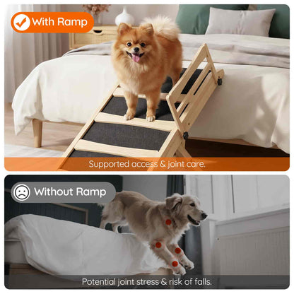 Dog using a wooden ramp to get onto a bed, with text indicating the benefits of the ramp.