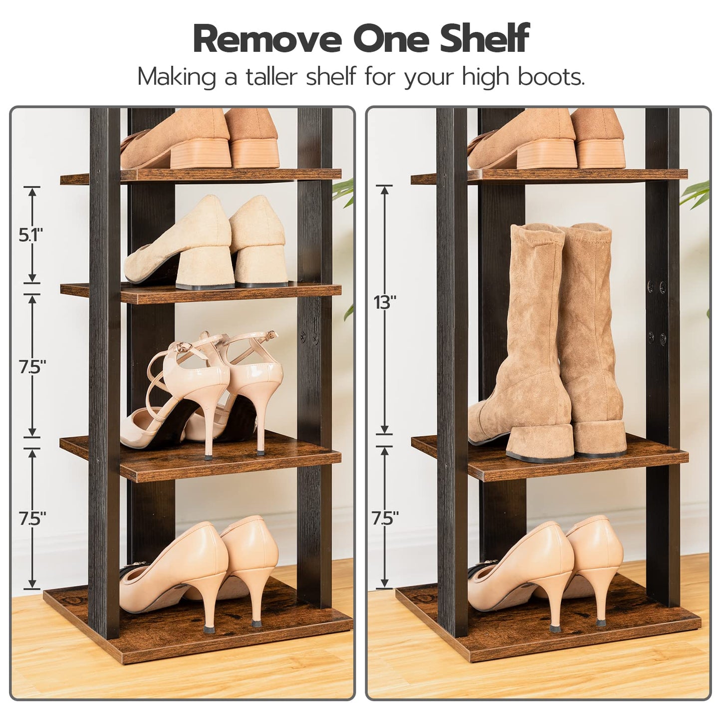 Wooden shoe rack with measurements showing how to make a taller shelf for high boots and shoes.
