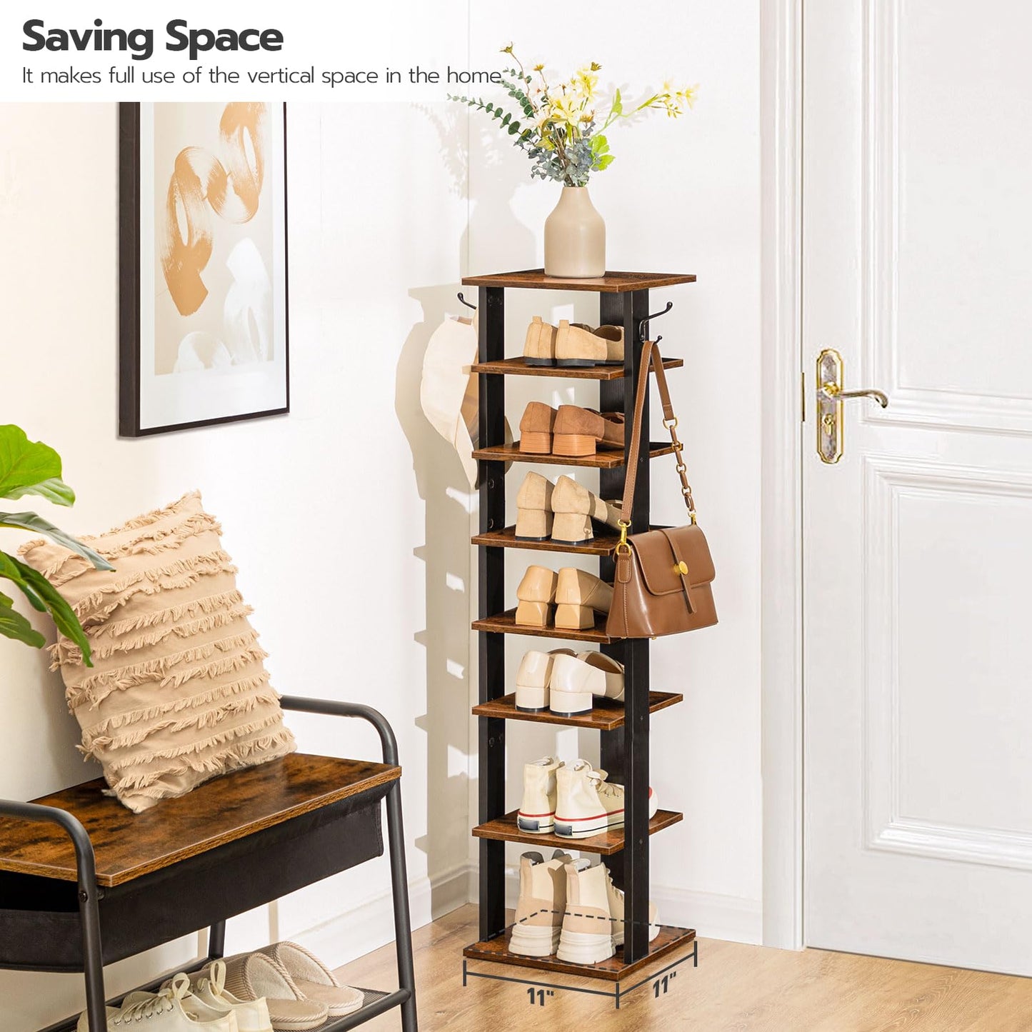 Tall wooden shelf with shoes and bags in a room with a plant and wall art.