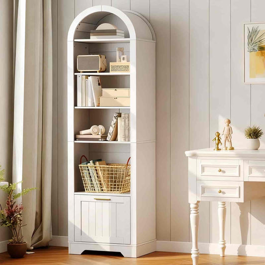 White bookshelf with decorative items in a room with a desk and plants.