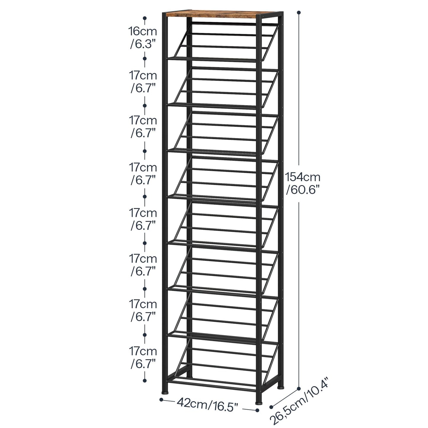 Detailed height and width dimensions of HOOBRO 9-tier narrow slanted shoe rack