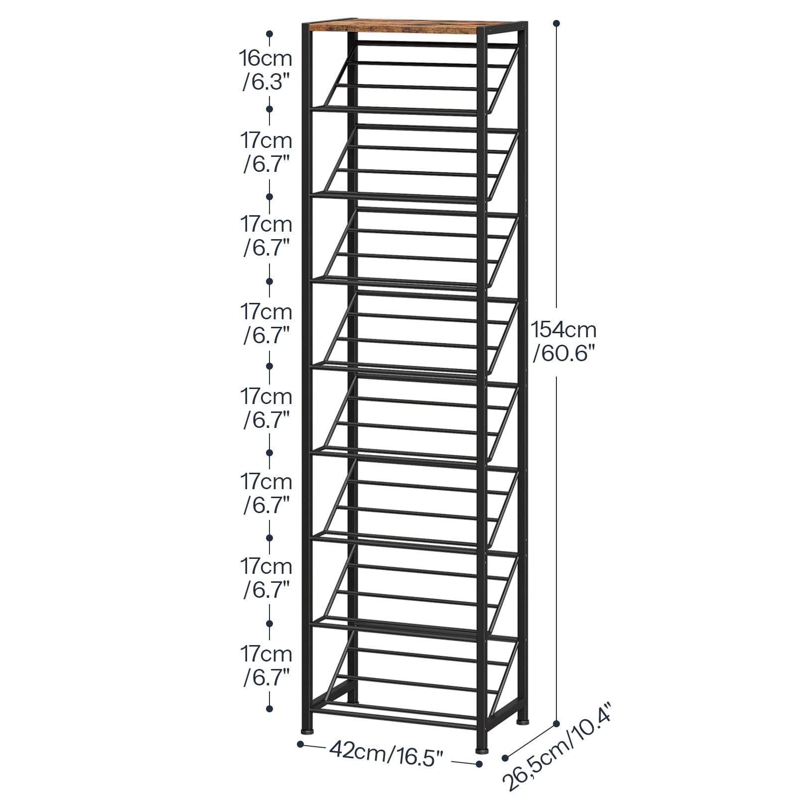Detailed height and width dimensions of HOOBRO 9-tier narrow slanted shoe rack