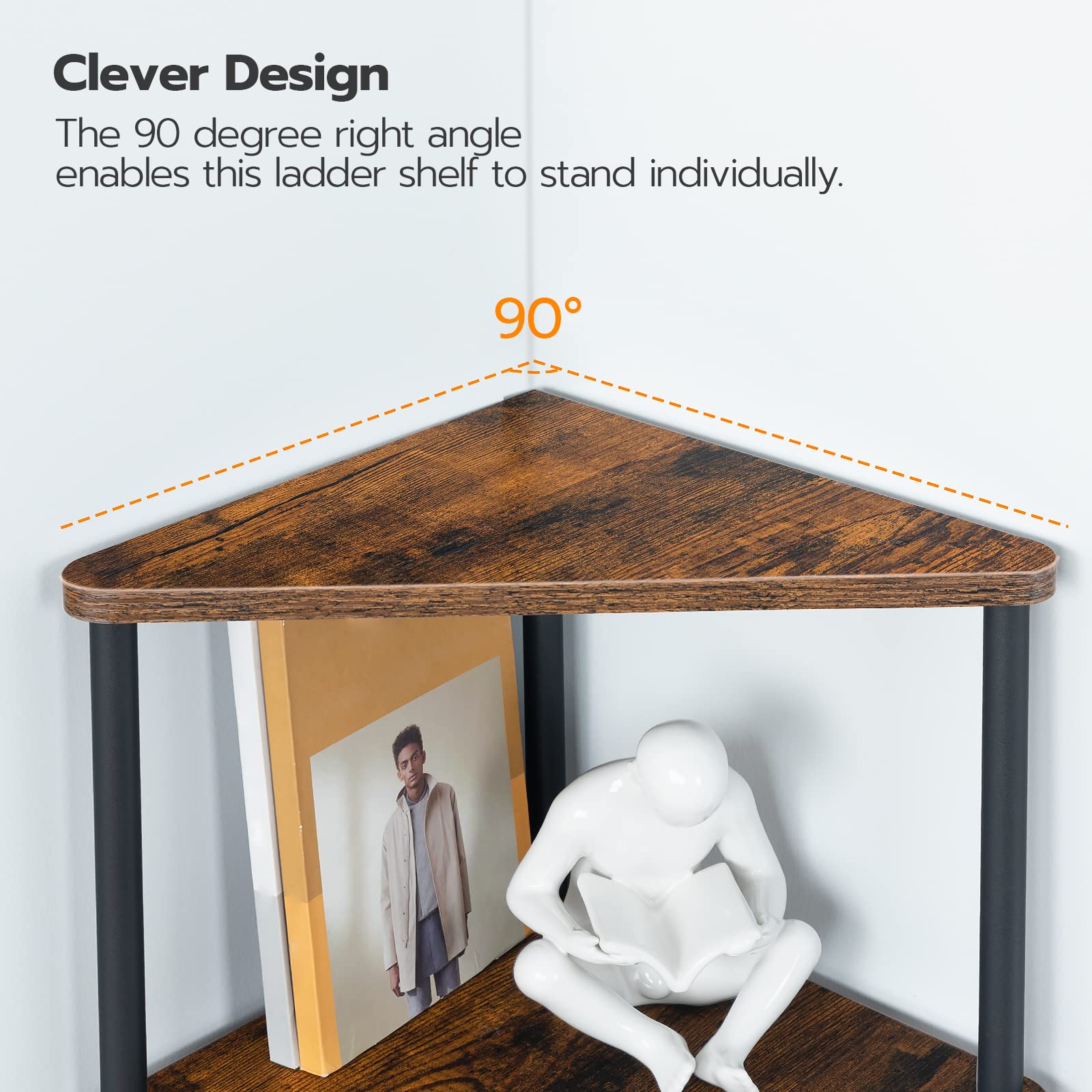 Clever design showing the 90 degree right angle structure enabling the corner shelf to stand individually.