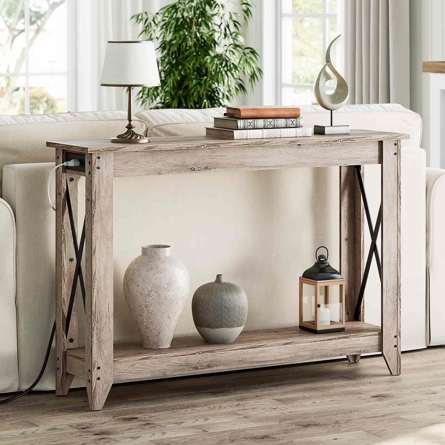 Wooden console table with decorative items in a living room setting
