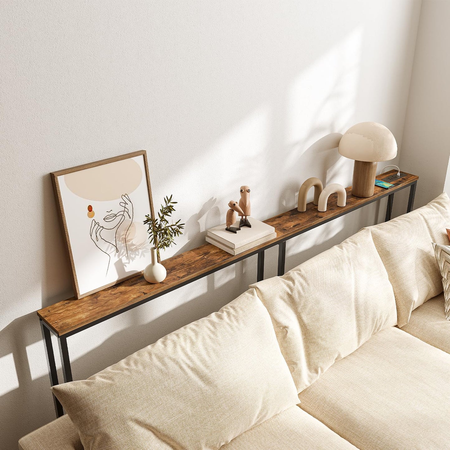 HOOBRO Retro Brown 78.7-inch Narrow Console Table with Charging Station & 2 Power Outlets & USB Port