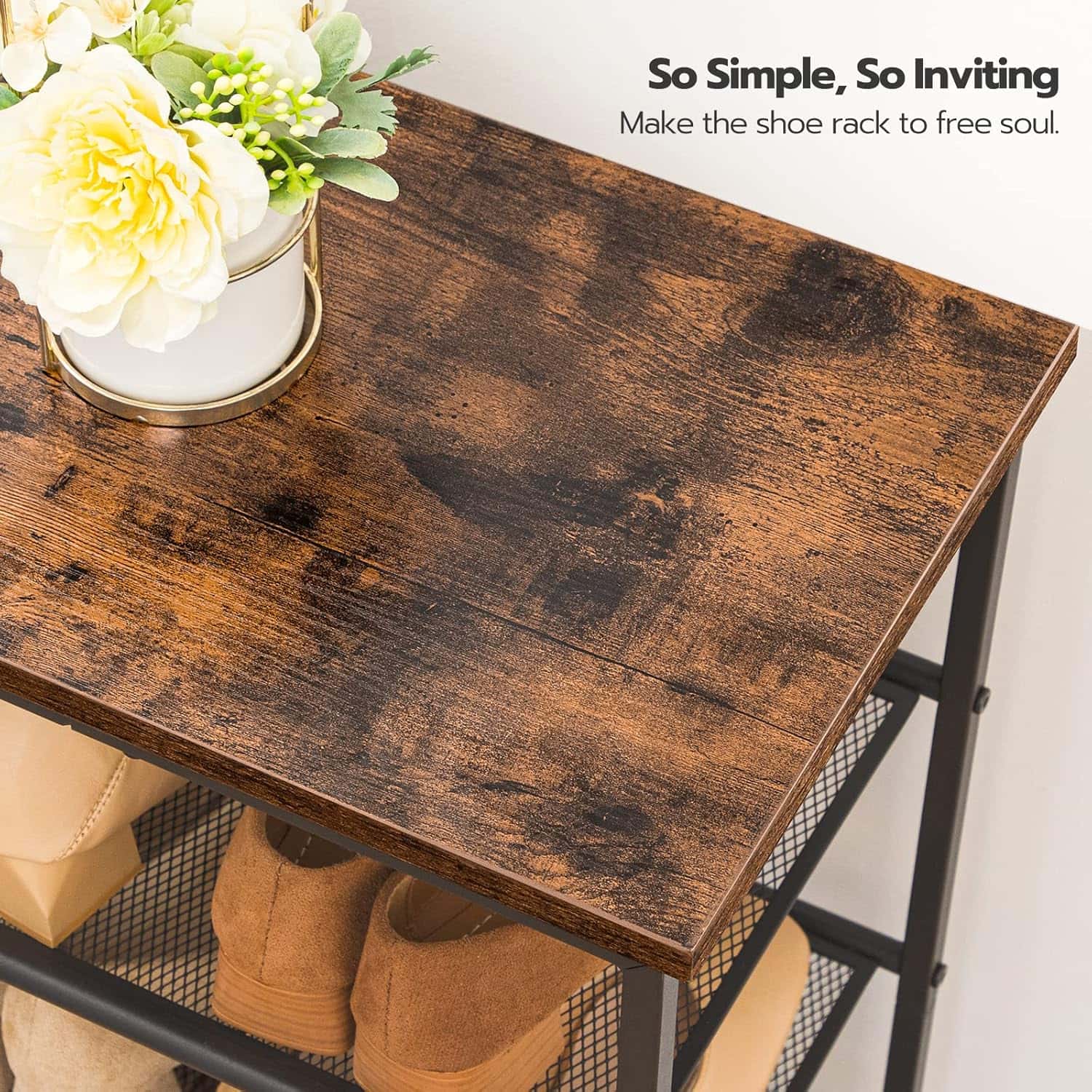 Wooden shoe rack with a vase of flowers on top, featuring text 'So Simple, So Inviting'.