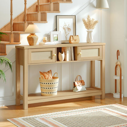 HOOBRO 47-inch Rattan Style Entryway  Console Table with Storage