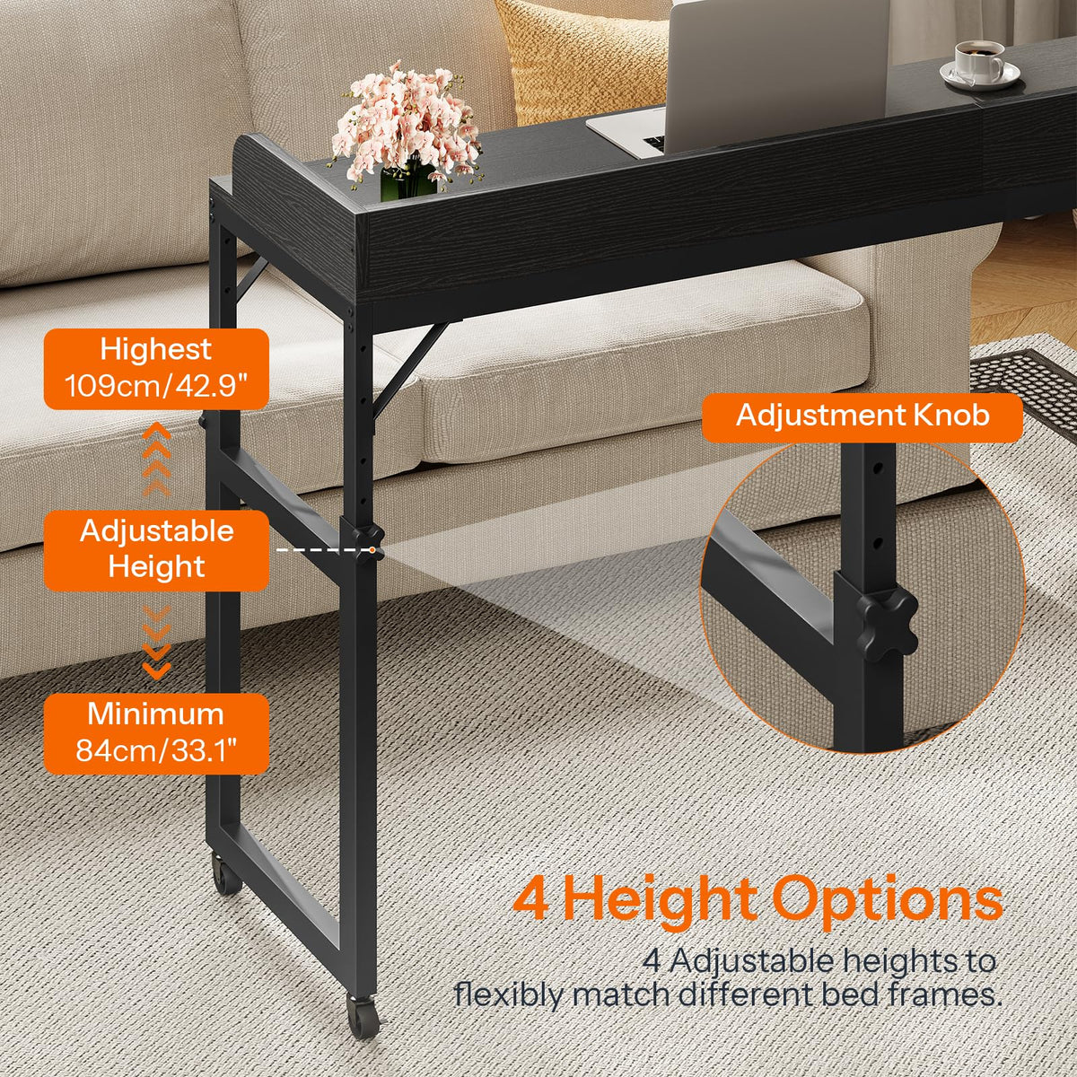 HOOBRO Overbed Table with Wheels, Rolling Table with Outlets & Light Strip for Queen Bed, Mobile Bed Desk & Drawer and Adjustable Height, Giant Computer Desk for Living Room, Black BB180UDDN01