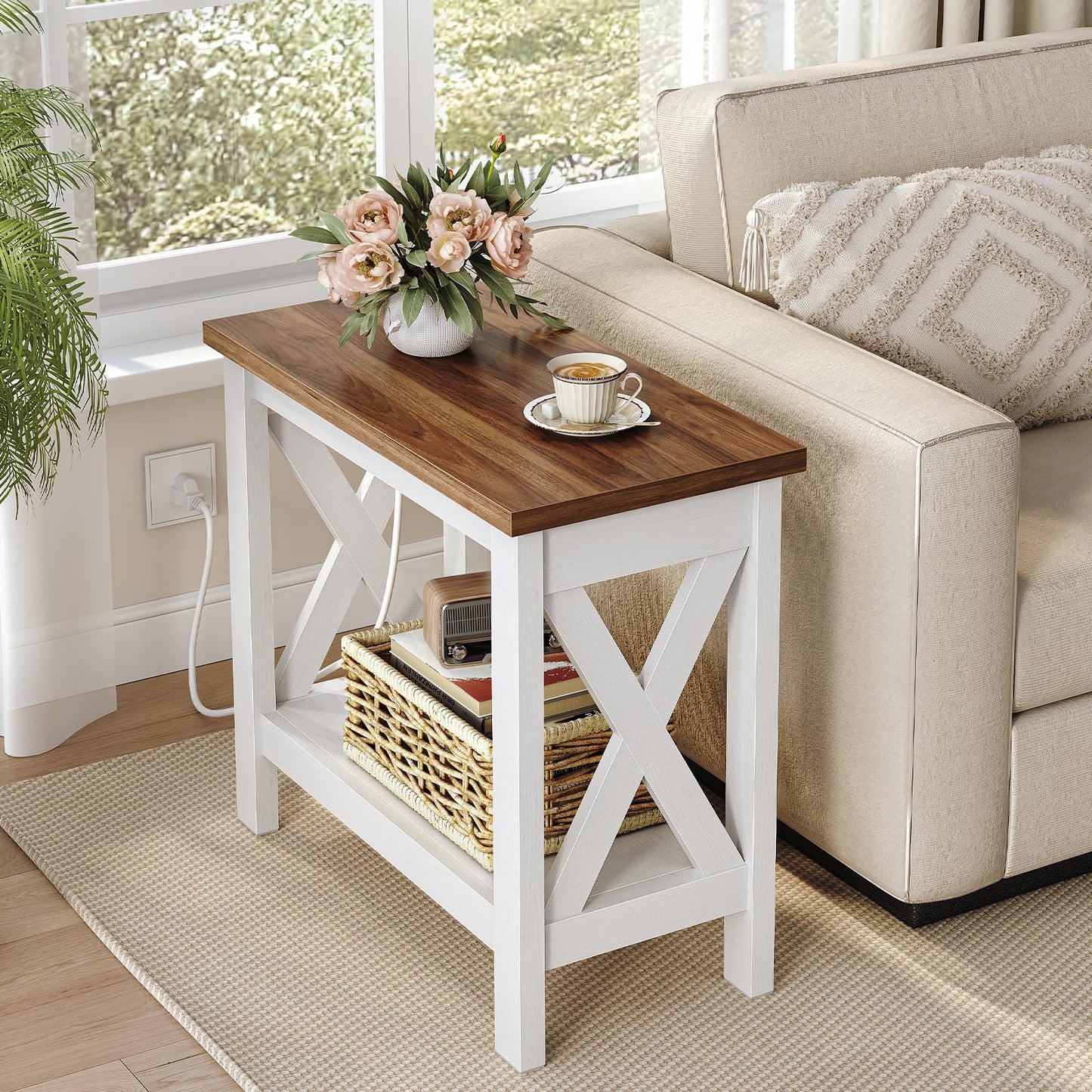 HOOBRO White Farmhouse Style Narrow Double-Layer Side Table with Charging Station & Storage Shelf