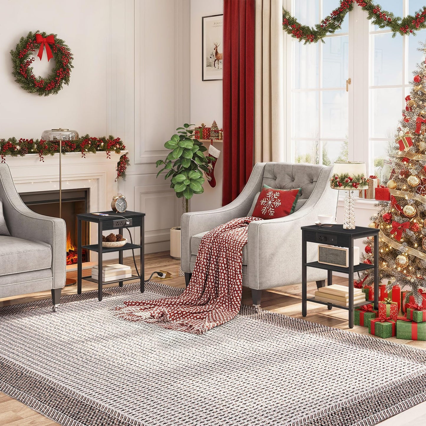 HOOBRO Black Triple-Shelf Adjustable Compact Side Table with Charging Station & USB Port