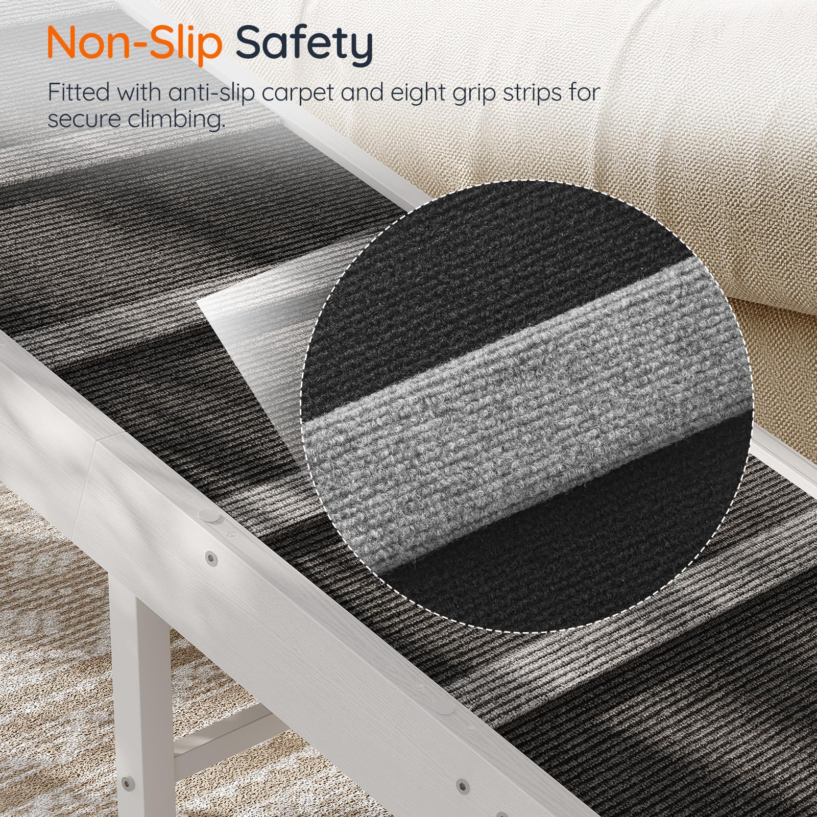 Anti-slip carpet with grip strips on a staircase, emphasizing safety features.
