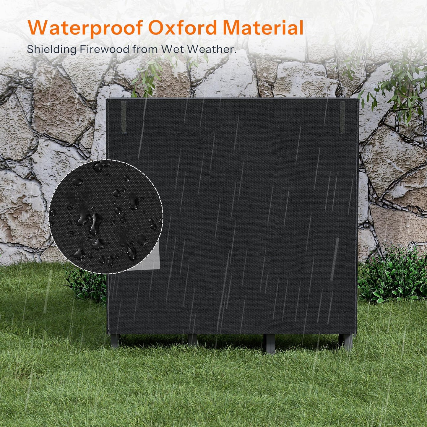 Black firewood storage box with waterproof Oxford material, shown in a rain scene.