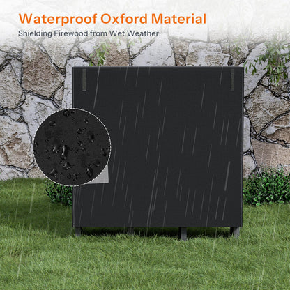 Black firewood storage box with waterproof Oxford material, shown in a rain scene.