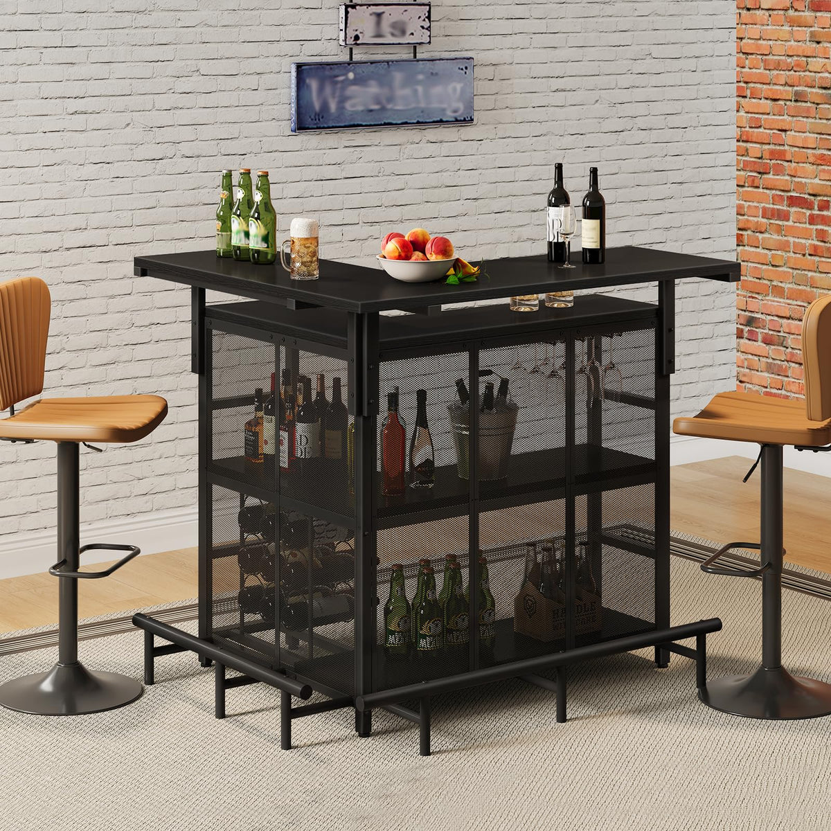 Black bar cart with bottles and fruits on a brick wall background