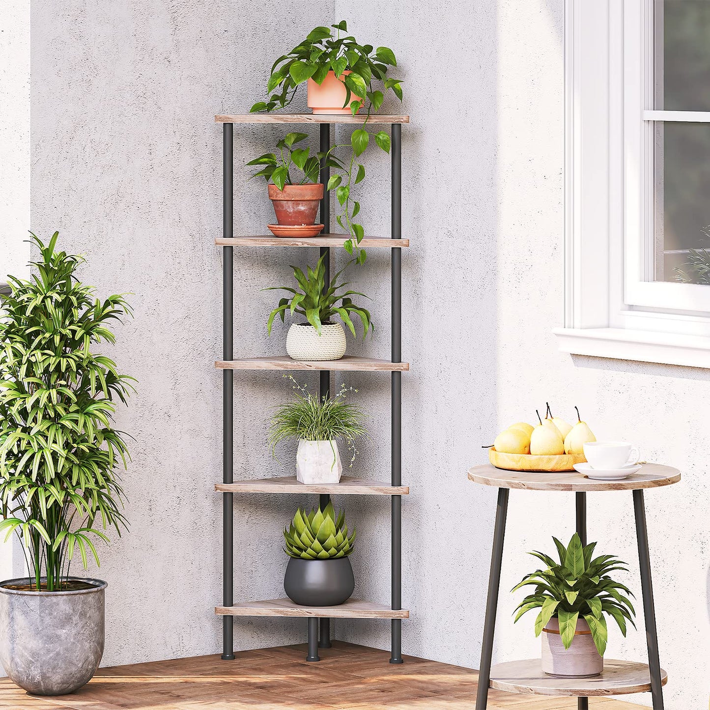 HOOBRO Greige Industrial Style Five-Tier Corner Bookshelf