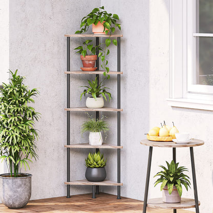 HOOBRO Greige Industrial Style Five-Tier Corner Bookshelf