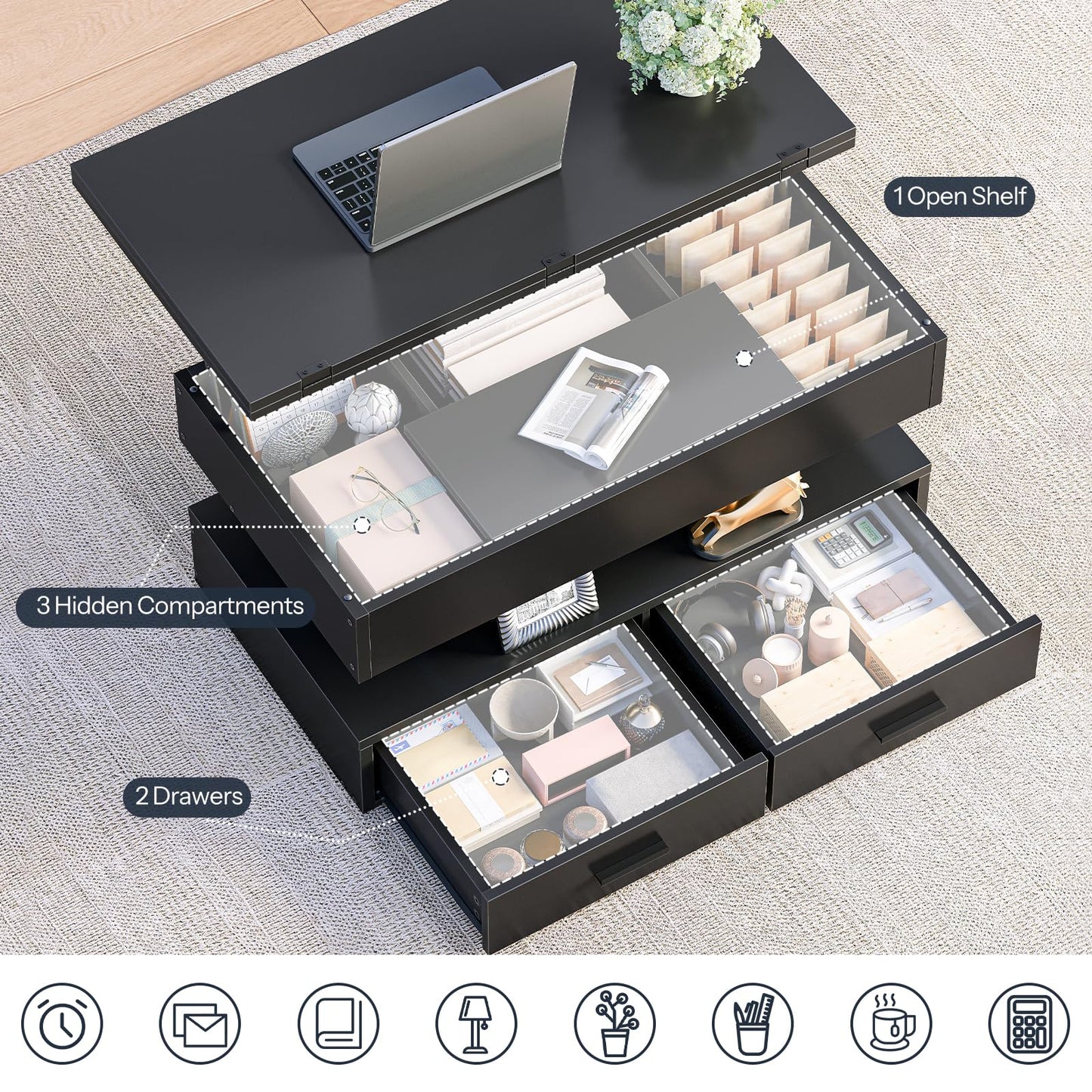 Black multi-functional table with open drawers and shelves on a gray carpet.