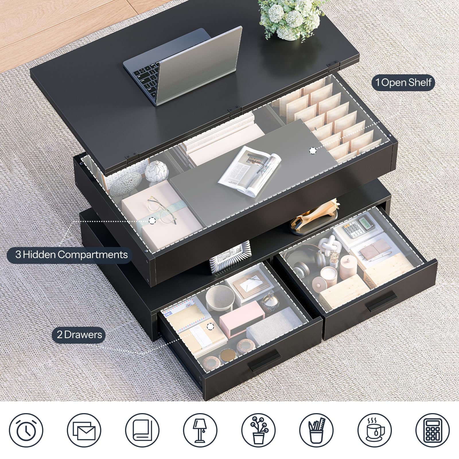 Black multi-functional table with open drawers and shelves on a gray carpet.