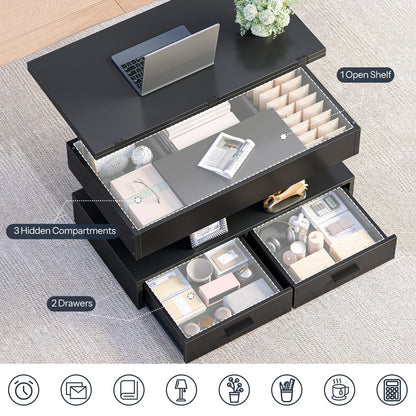 Black multi-functional table with open drawers and shelves on a gray carpet.