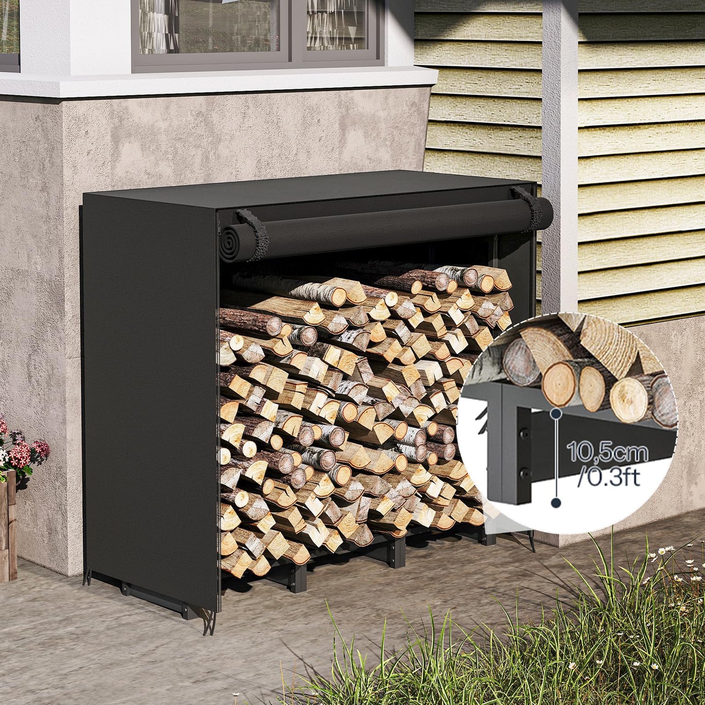 Black firewood storage rack with stacked logs against a building exterior.