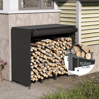 Black firewood storage rack with stacked logs against a building exterior.