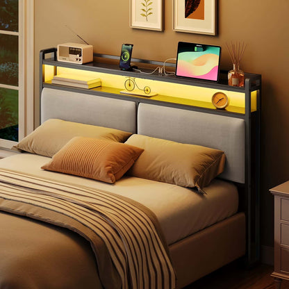 Bedroom setup with a bed, headboard with shelves, and decorative items.