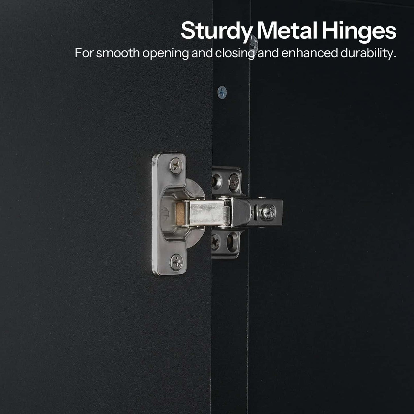 Sturdy metal hinges on a black door with text highlighting their features.
