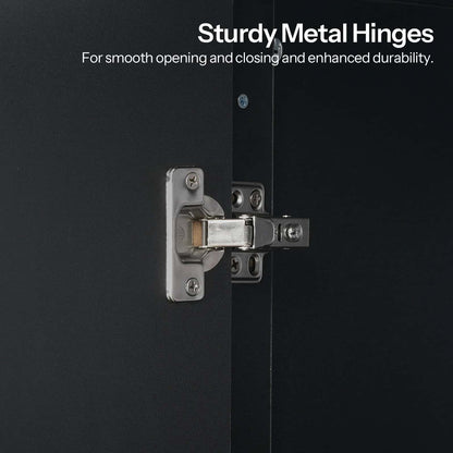 Sturdy metal hinges on a black door with text highlighting their features.