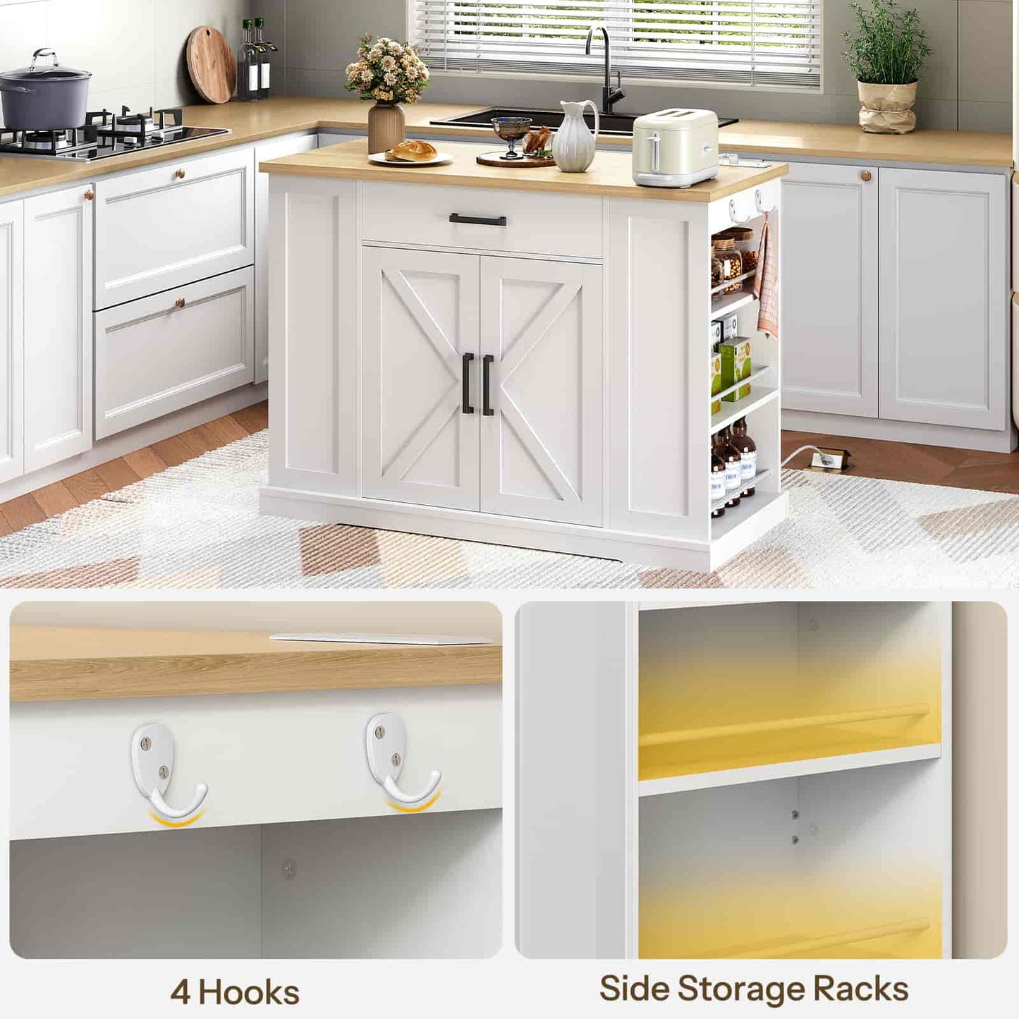 Kitchen island with storage shelves and hooks in a kitchen setting