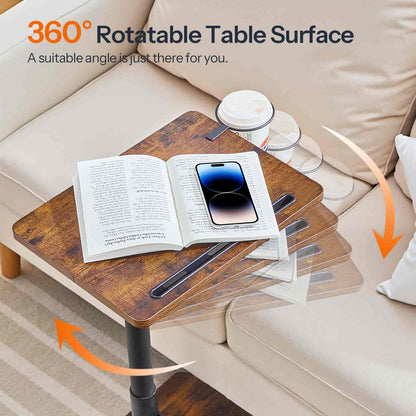 Rotatable table surface with book, phone, and cup on a sofa background