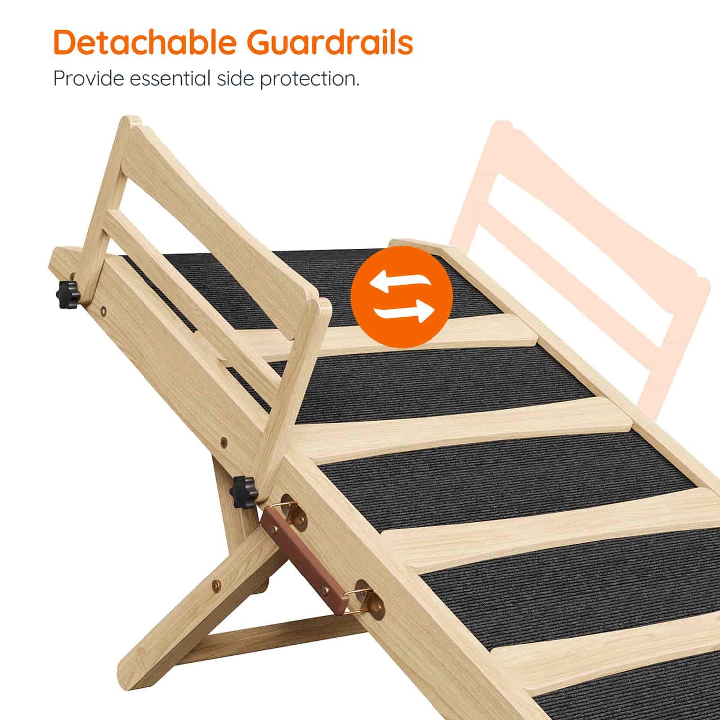 Wooden pet ramp with detachable guardrails on a white background