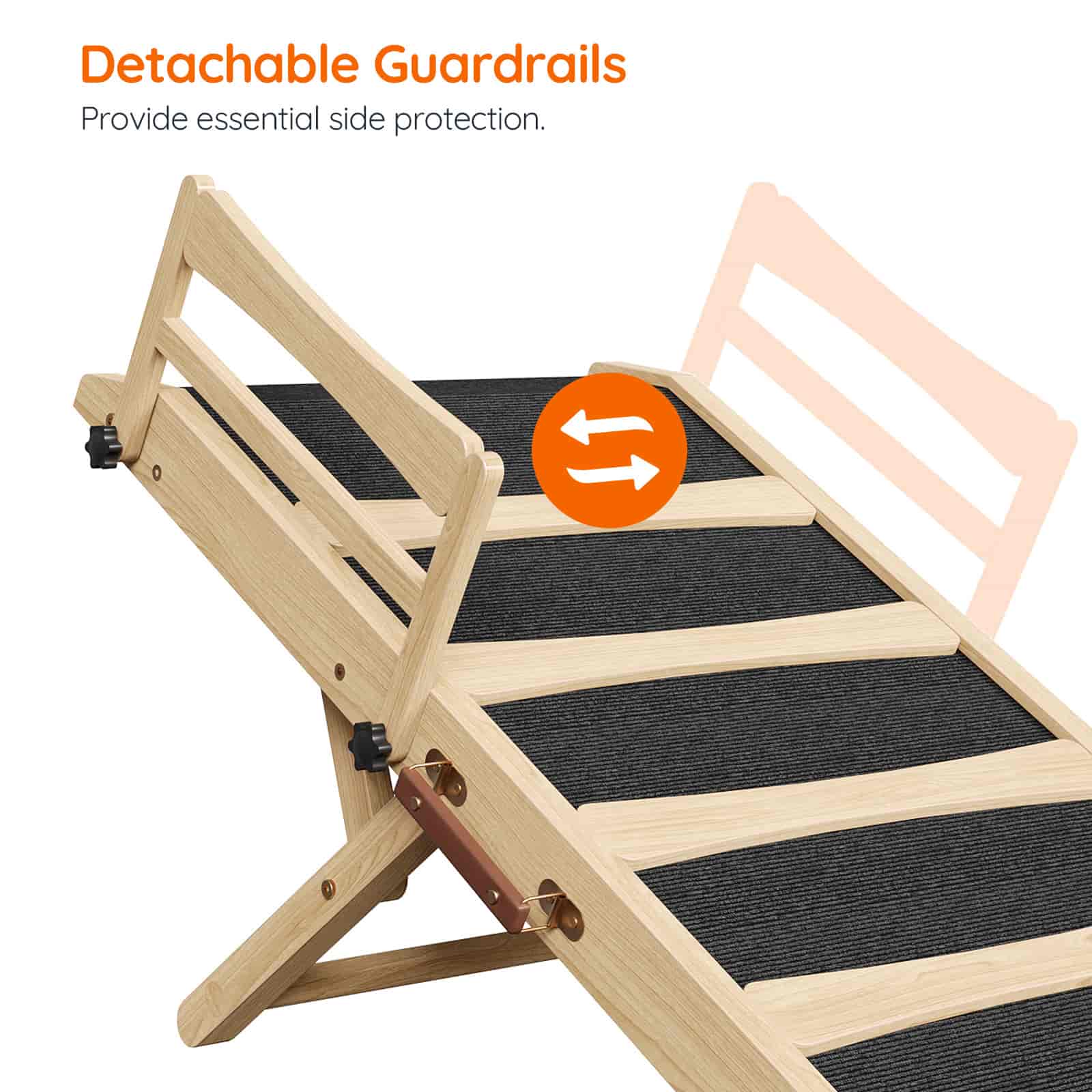 Wooden pet ramp with detachable guardrails on a white background