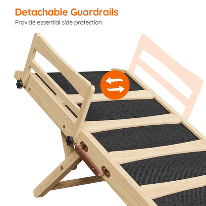 Wooden pet ramp with detachable guardrails on a white background