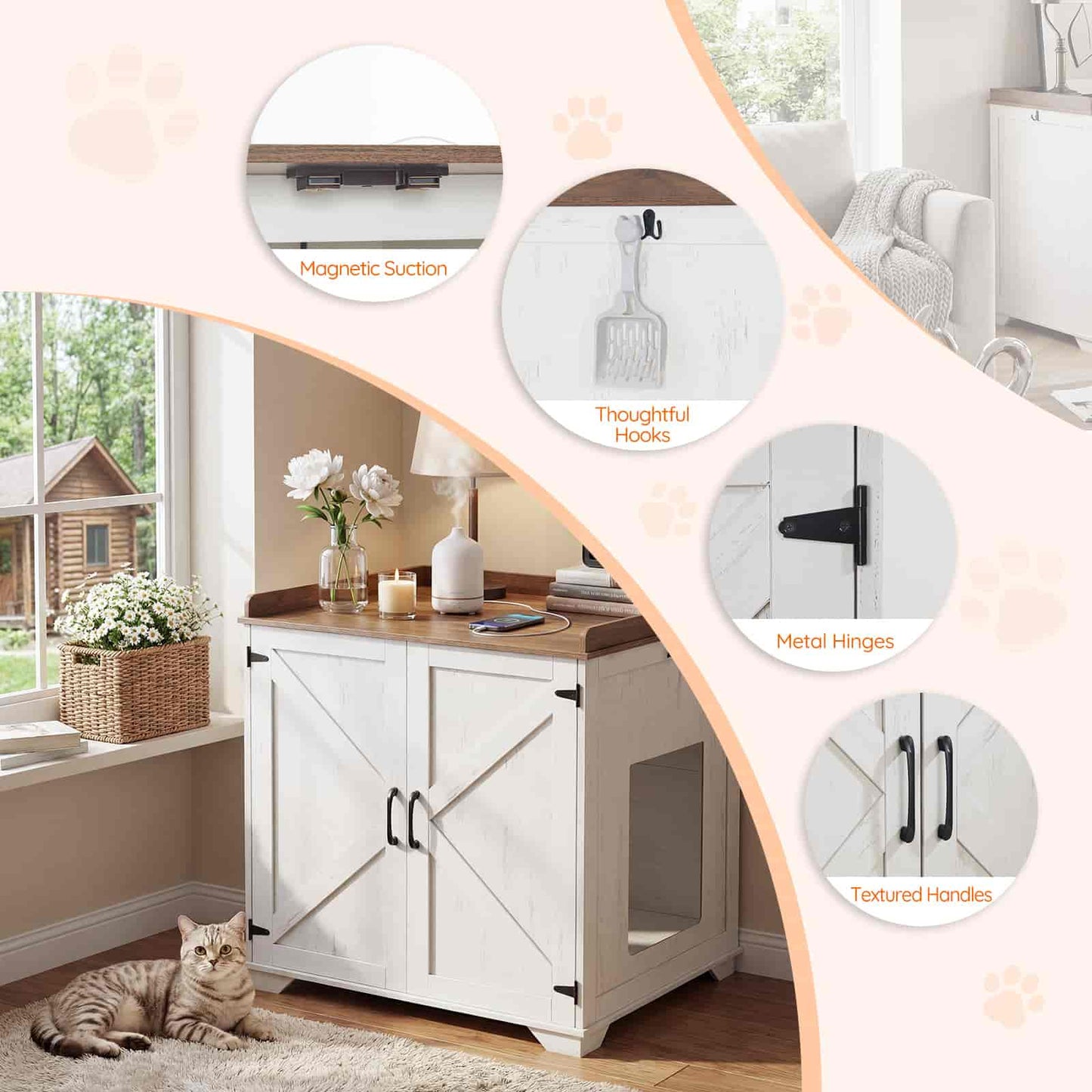 White pet furniture with features highlighted, including magnetic suction, thoughtful hooks, metal hinges, and textured handles. A cat is lying on the floor next to the furniture.