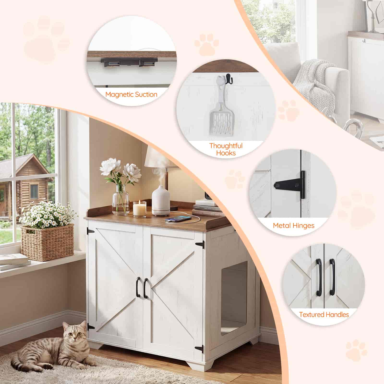 White pet furniture with features highlighted, including magnetic suction, thoughtful hooks, metal hinges, and textured handles. A cat is lying on the floor next to the furniture.
