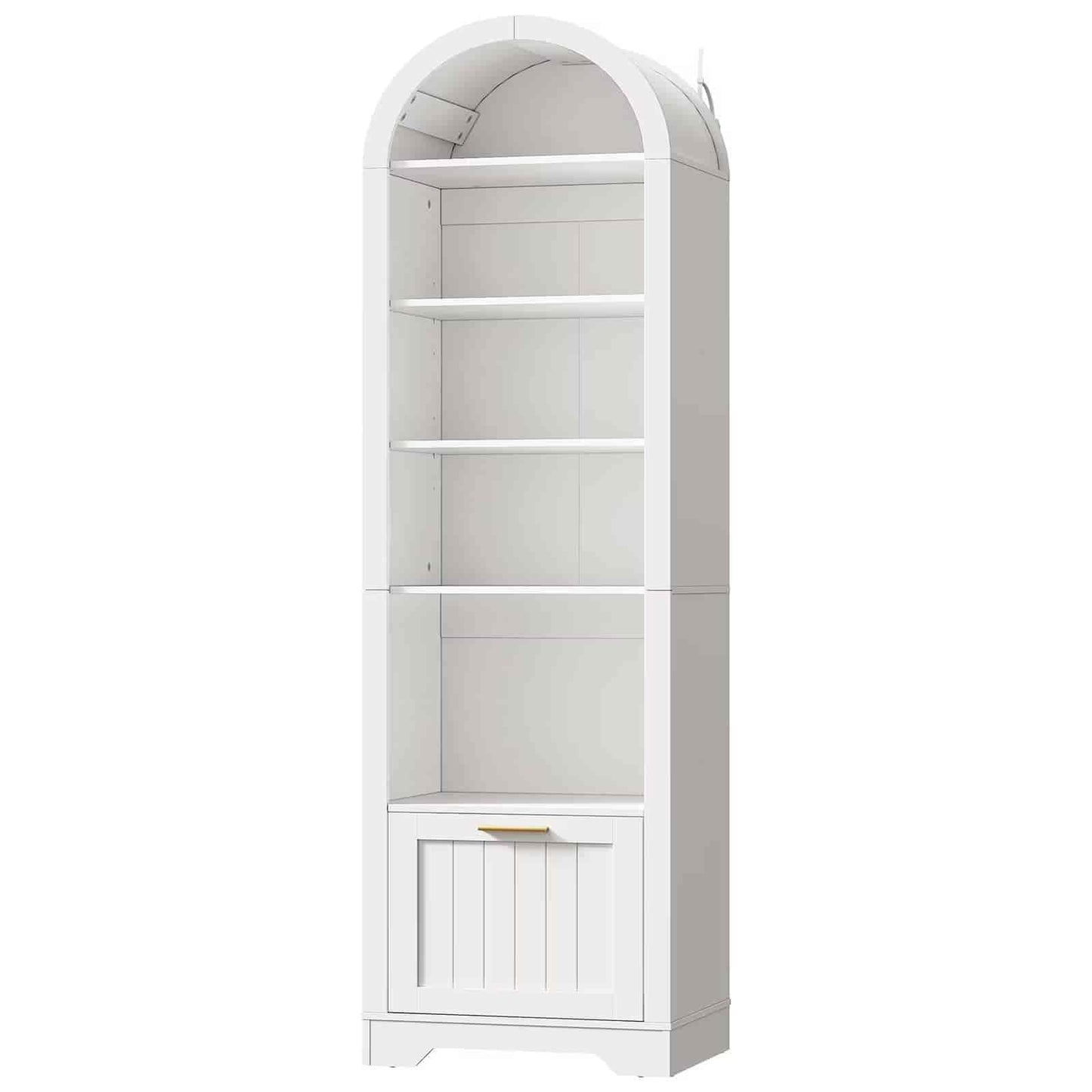 White bookshelf with arched top on a white background