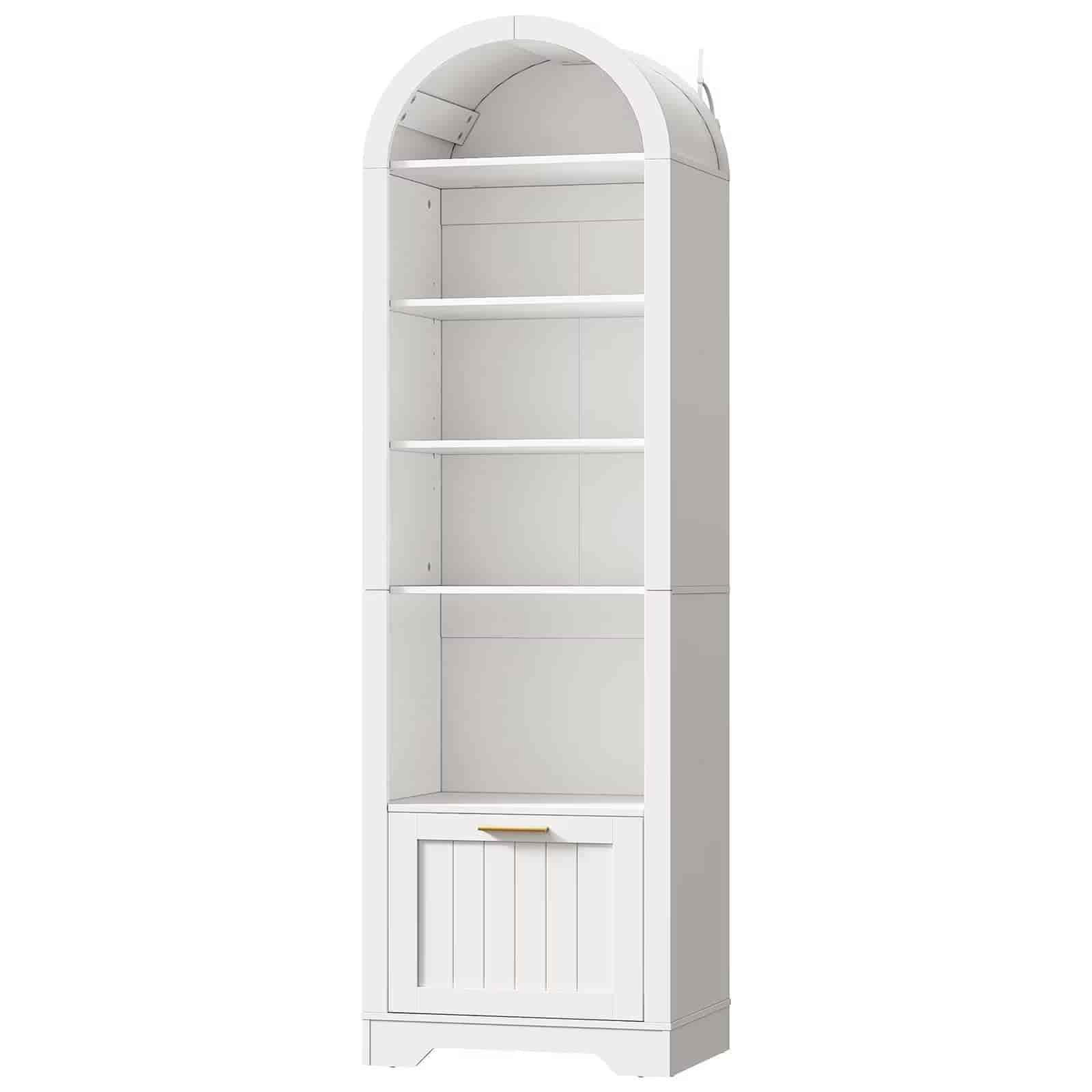 White bookshelf with arched top on a white background