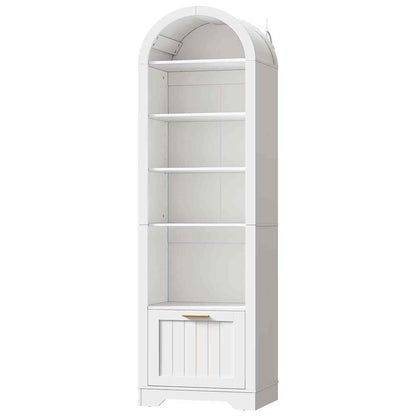 White bookshelf with arched top on a white background