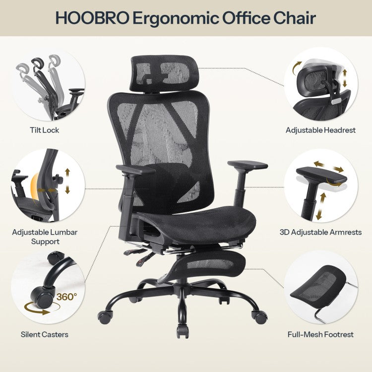 HOOBRO Ergonomic Office Chair, All-Mesh Computer Desk, High Back Home Chairs, Tilt Lock, Desk Chair with Adjustable Headrest, Task Chair for Home Office, Study