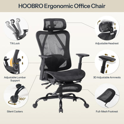 HOOBRO Ergonomic Office Chair, All-Mesh Computer Desk, High Back Home Chairs, Tilt Lock, Desk Chair with Adjustable Headrest, Task Chair for Home Office, Study