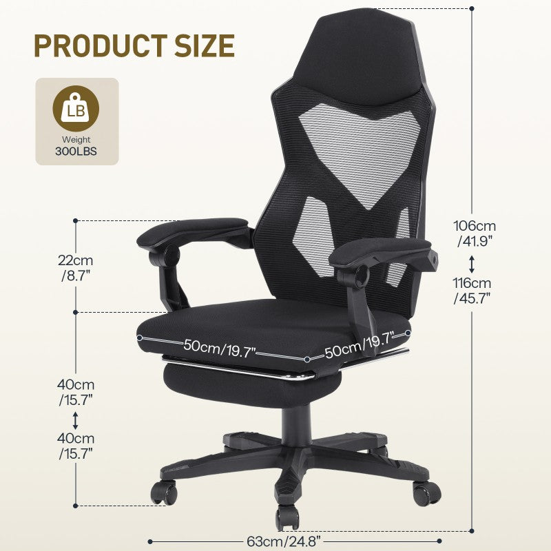 HOOBRO Ergonomic Office Chair with Wheels, Computer Desk Chairs with Lumbar Support, Adjustable Height and Back Angle, High-Back with Mesh, Armrests, Thick Seat Cushion, and Leg Rest