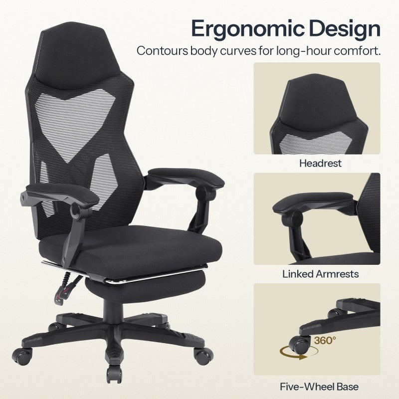 HOOBRO Ergonomic Office Chair with Wheels, Computer Desk Chairs with Lumbar Support, Adjustable Height and Back Angle, High-Back with Mesh, Armrests, Thick Seat Cushion, and Leg Rest