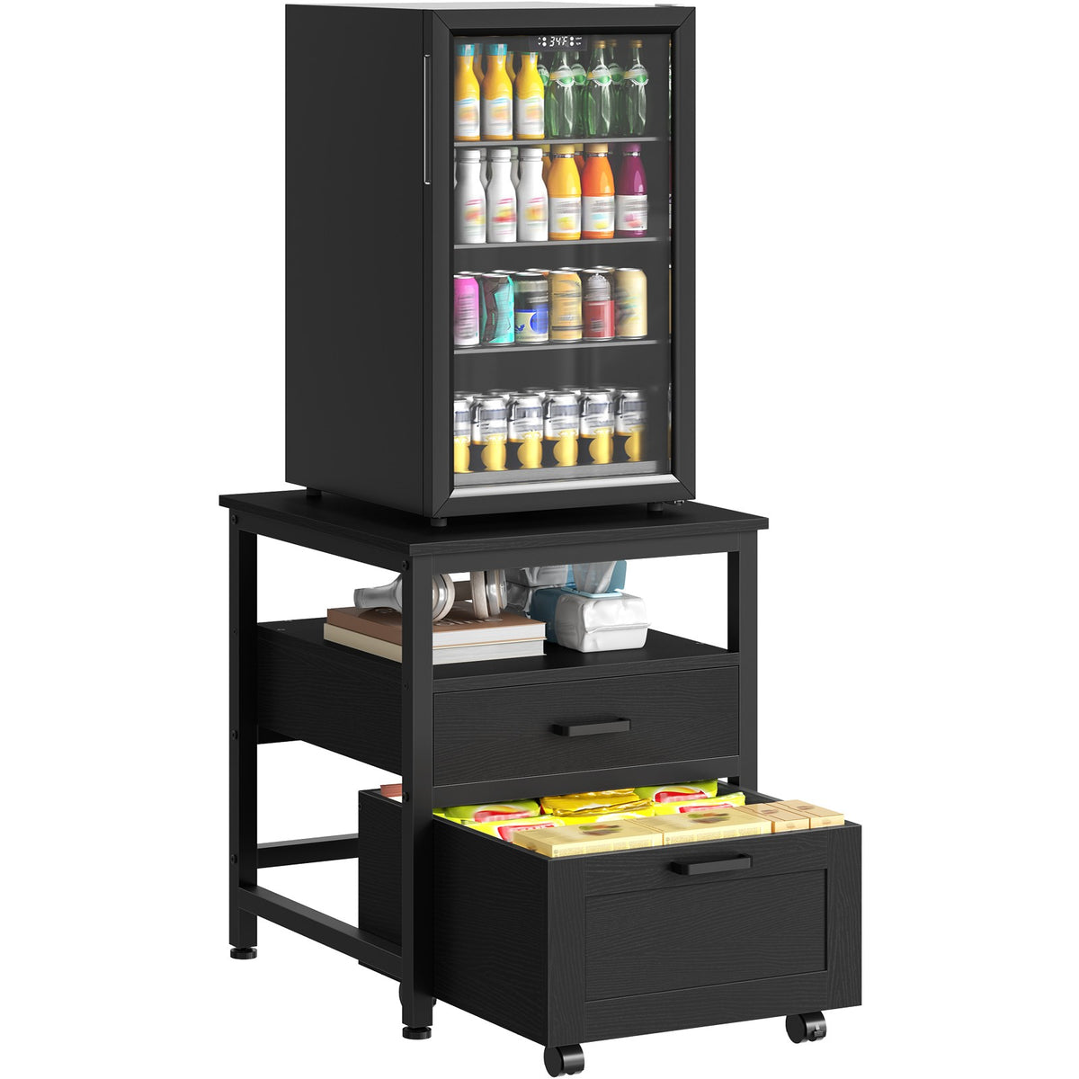 HOOBRO Modern Mini Fridge Stand with 2 Storage Drawers, Heavy Duty Riser Cart